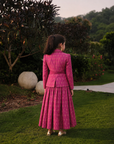 Safaa Magenta Moonga Silk Woven Motif Skirt Set For Girls