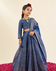 Safaa Ink Blue Vegan Silk Zari Gota Woven Lehenga Set For Girls