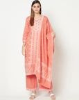 COTTON JACQUARD ZARI WOVEN ORANGE DRESS MATERIAL WITH COTTON SILK DUPATTA