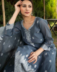 CHIKANKARI WOVEN COTTON GREY DRESS MATERIAL WITH COTTON SILK DUPATTA