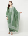 COTTON WOVEN CHIKANKARI OLIVE DRESS MATERIAL WITH DUPATTA