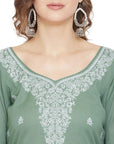 Chikankari Woven Cotton Olive Dress Material