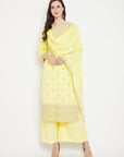 Chikankari Woven Cotton Lemon Dress Material