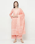 COTTON WOVEN CHIKANKARI PEACH DRESS MATERIAL WITH DUPATTA