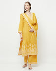 COTTON WOVEN CHIKANKARI YELLOW DRESS MATERIAL WITH DUPATTA