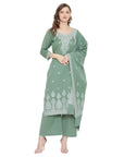 Chikankari Woven Cotton Olive Dress Material