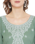 Chikankari Woven Cotton Olive Dress Material