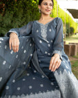 CHIKANKARI WOVEN COTTON GREY DRESS MATERIAL WITH COTTON SILK DUPATTA