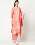 COTTON JACQUARD ZARI WOVEN ORANGE DRESS MATERIAL WITH COTTON SILK DUPATTA