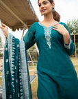CHIKANKARI WOVEN COTTON GREEN DRESS MATERIAL WITH COTTON SILK DUPATTA