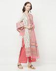 WOMEN COTTON WOVEN PEACH DESIGN UNSTITCHED DRESS MATERIAL WITH CONTRAST DUPATTA