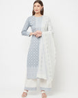 Safaa Women Cotton Woven Chikankari Design Unstitched Dress Material With Contrast Dupatta