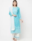 Safaa Women Cotton Woven Chikankari Design Unstitched Dress Material With Contrast Dupatta