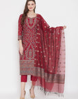 ORGANIC COTTON WOVEN MAROON DRESS MATERIAL WITH DUPATTA