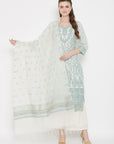 ORGANIC COTTON WOVEN WHITE SEA GREEN DRESS MATERIAL WITH DUPATTA