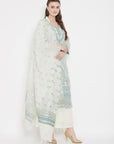 ORGANIC COTTON WOVEN WHITE SEA GREEN DRESS MATERIAL WITH DUPATTA