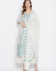 ORGANIC COTTON WOVEN WHITE SEA GREEN DRESS MATERIAL WITH DUPATTA