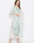 ORGANIC COTTON WOVEN WHITE SEA GREEN DRESS MATERIAL WITH DUPATTA
