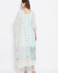 ORGANIC COTTON WOVEN WHITE SEA GREEN DRESS MATERIAL WITH DUPATTA