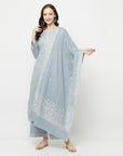COTTON JACQUARD ZARI WOVEN GREY DRESS MATERIAL WITH COTTON SILK DUPATTA