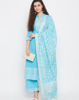 Cotton Jacquard Zari Woven Ferozi Dress Material with Cotton Silk Dupatta