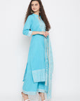 Cotton Jacquard Zari Woven Ferozi Dress Material with Cotton Silk Dupatta