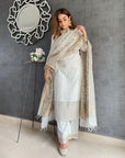 COTTON JACQUARD ZARI WOVEN WHITE DRESS MATERIAL WITH COTTON SILK DUPATTA