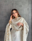 COTTON JACQUARD ZARI WOVEN WHITE DRESS MATERIAL WITH COTTON SILK DUPATTA