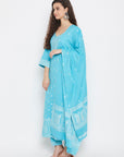 Cotton Jacquard Zari Woven Ferozi Dress Material with Cotton Silk Dupatta