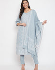 Cotton Jacquard Zari Woven Grey Dress Material with Cotton Silk Dupatta