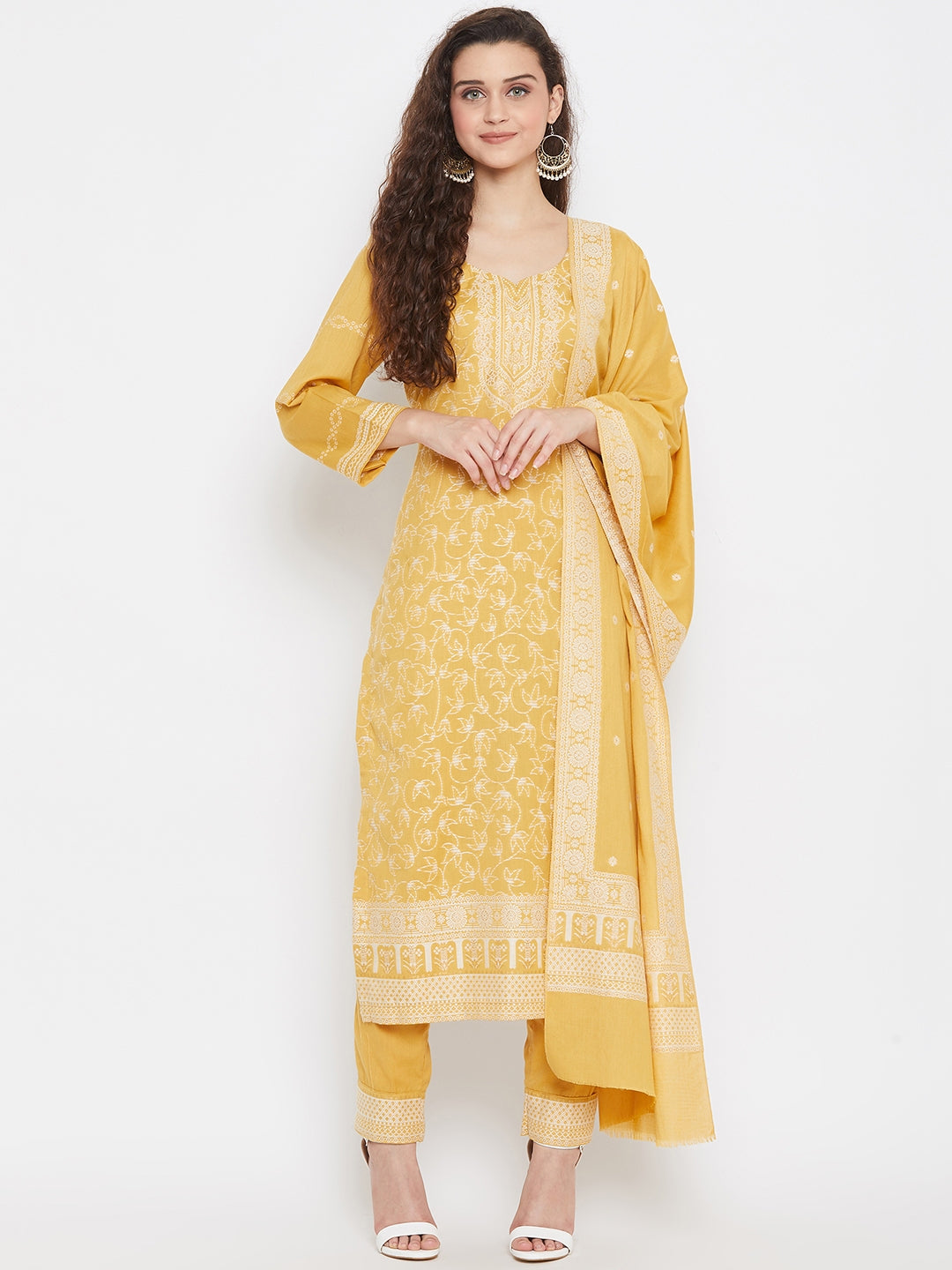 Yellow New Model Churidar Material Yellow Cotton Dress Material