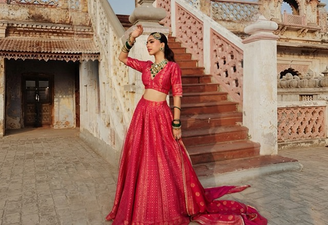 Indian woman wearing a festive lehenga for a sangeet night celebration