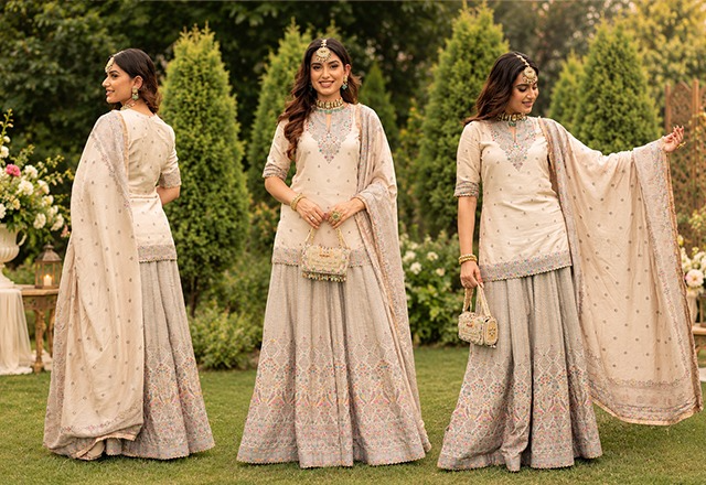 Woman wearing a designer sharara suit for a wedding function