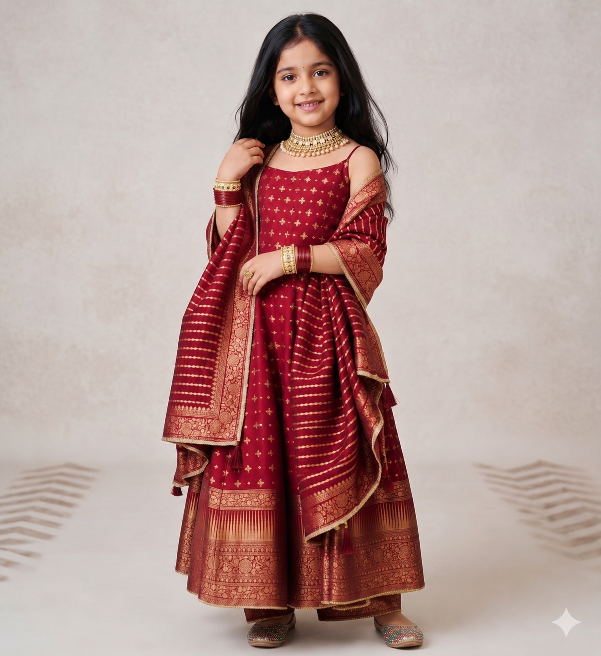 Safaa Maroon Vegan Silk Stripe Printed Anarkali Set For Girls