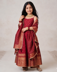 Safaa Maroon Vegan Silk Stripe Printed Anarkali Set For Girls