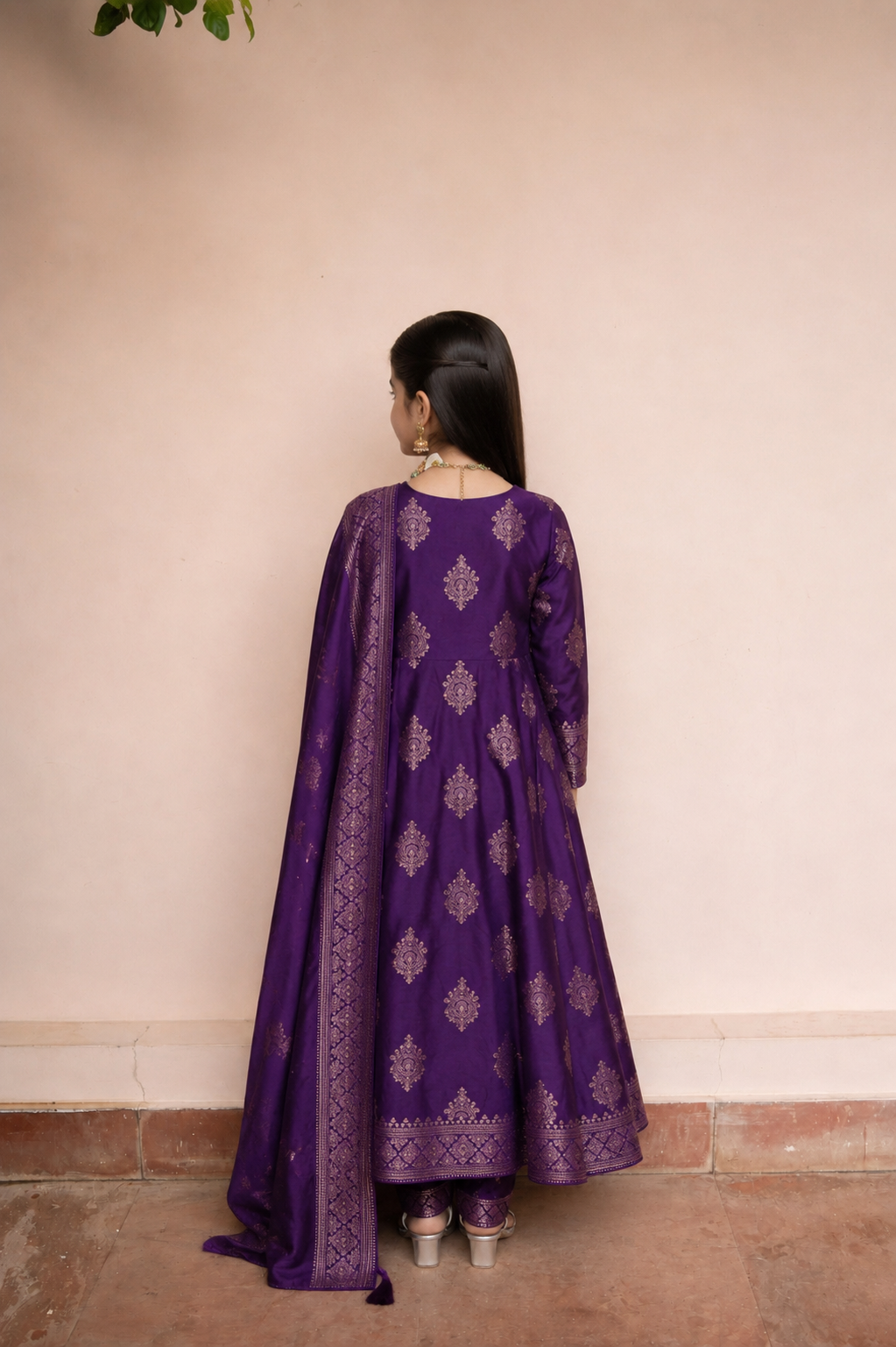 Safaa Purple Vegan Silk Zari Woven Anarkali Set For Girls