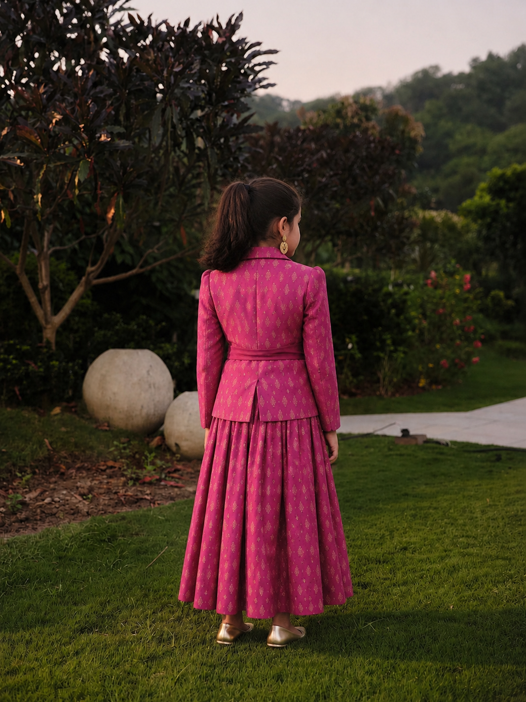 Safaa Magenta Moonga Silk Woven Motif Skirt Set For Girls