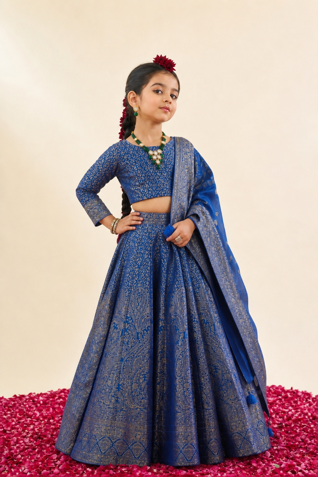 Safaa Ink Blue Vegan Silk Zari Gota Woven Lehenga Set For Girls
