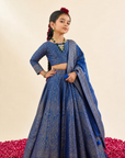 Safaa Ink Blue Vegan Silk Zari Gota Woven Lehenga Set For Girls