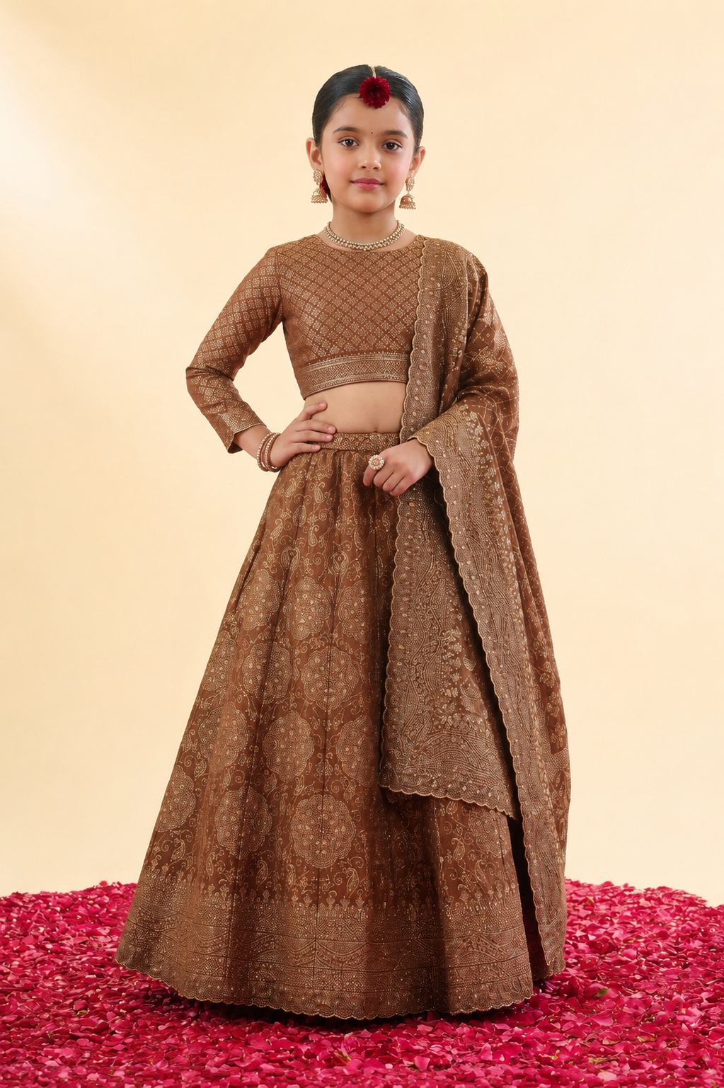Safaa Brown Vegan Silk Bandhani Lehenga Set For Girls