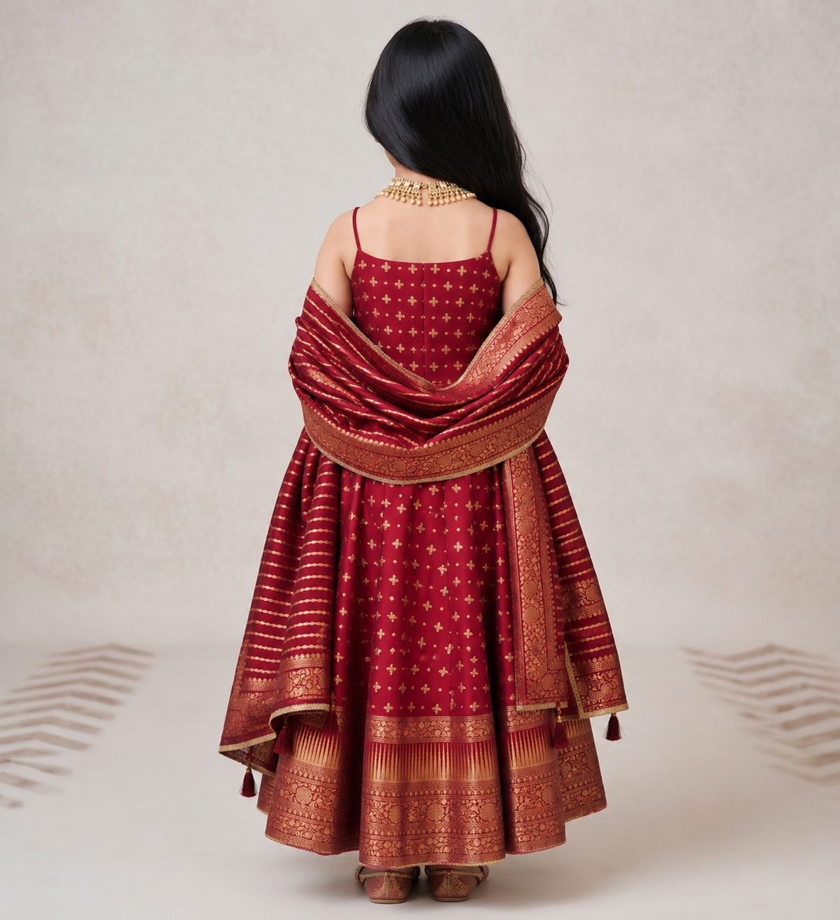 Safaa Maroon Vegan Silk Stripe Printed Anarkali Set For Girls