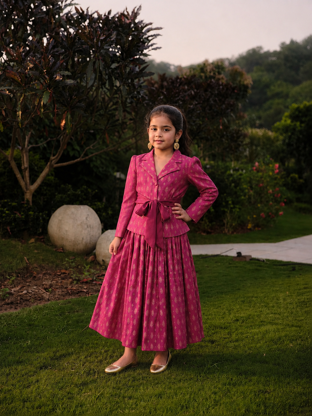 Safaa Magenta Moonga Silk Woven Motif Skirt Set For Girls