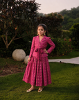 Safaa Magenta Moonga Silk Woven Motif Skirt Set For Girls