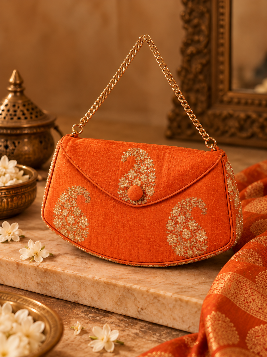 Rust Orange Silk Zari Paisley Half-Moon Clutch with Gold Chain