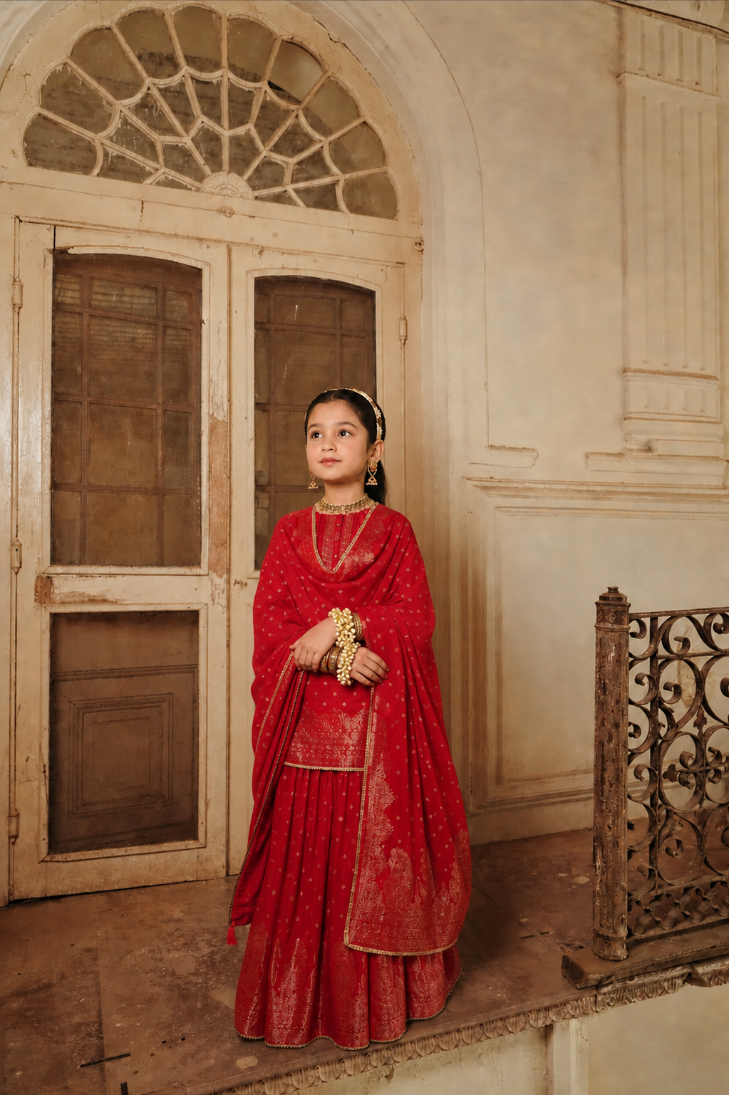 Safaa Red Vegan Silk Woven Motif Gharara Set For Girls