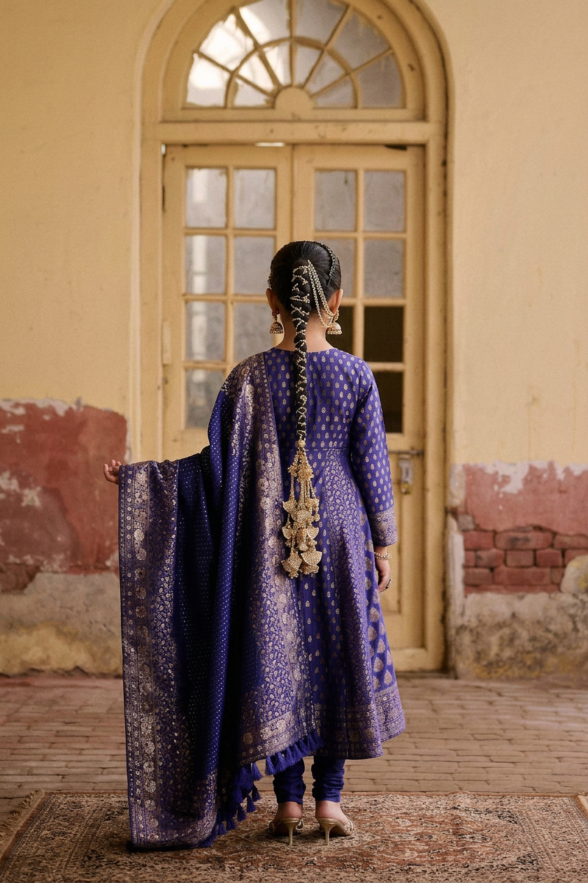 Safaa Indigo Blue Vegan Silk Zari Woven Anarkali Set For Girls