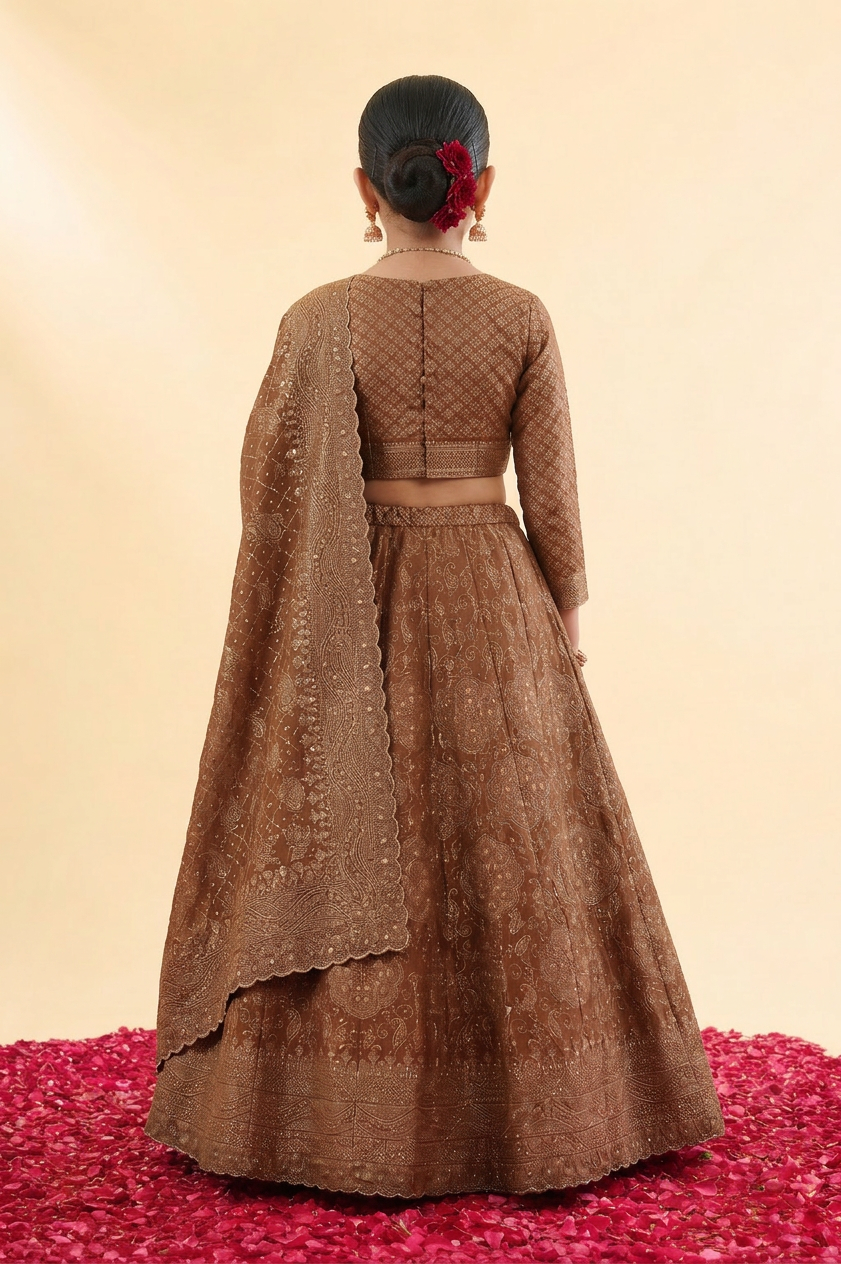 Safaa Brown Vegan Silk Bandhani Lehenga Set For Girls