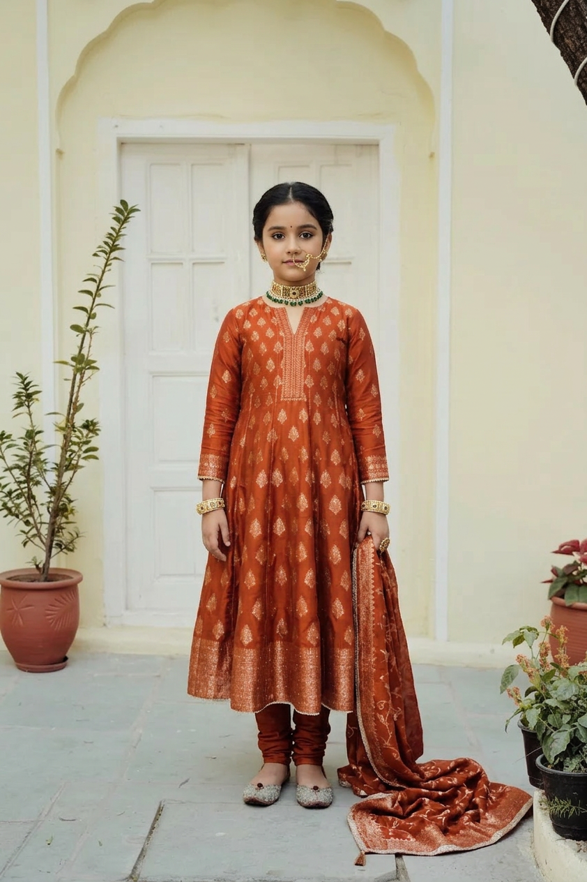 Safaa Rust Vegan Silk Woven Motif Anarkali Set For Girls