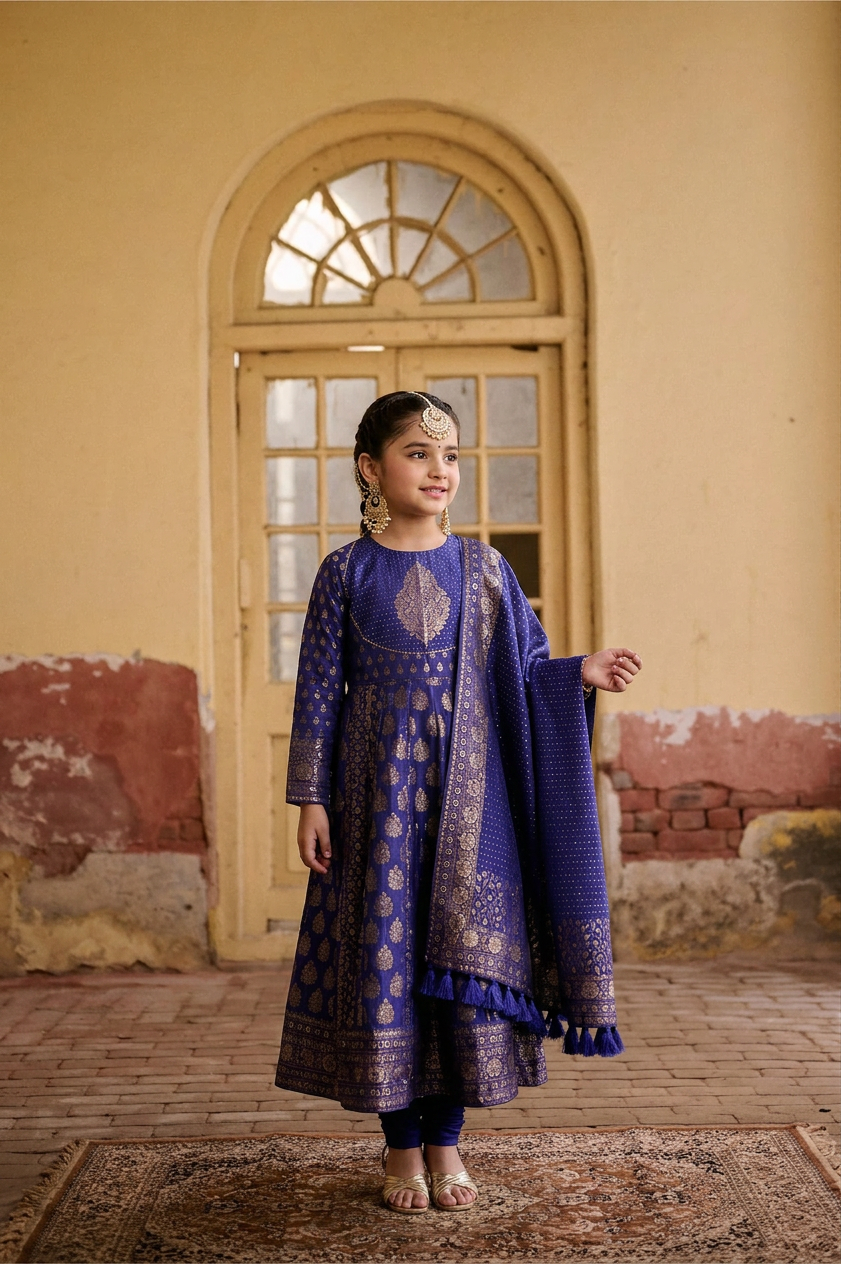Safaa Indigo Blue Vegan Silk Zari Woven Anarkali Set For Girls