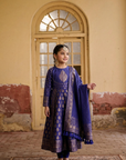 Safaa Indigo Blue Vegan Silk Zari Woven Anarkali Set For Girls